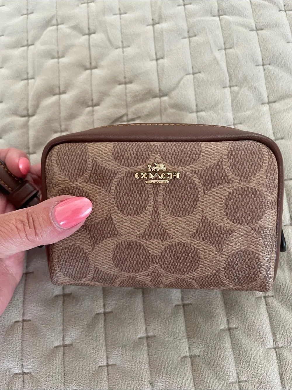 Coach Brown and Tan Interior Zip Pouch wristlet with Gold Hardware